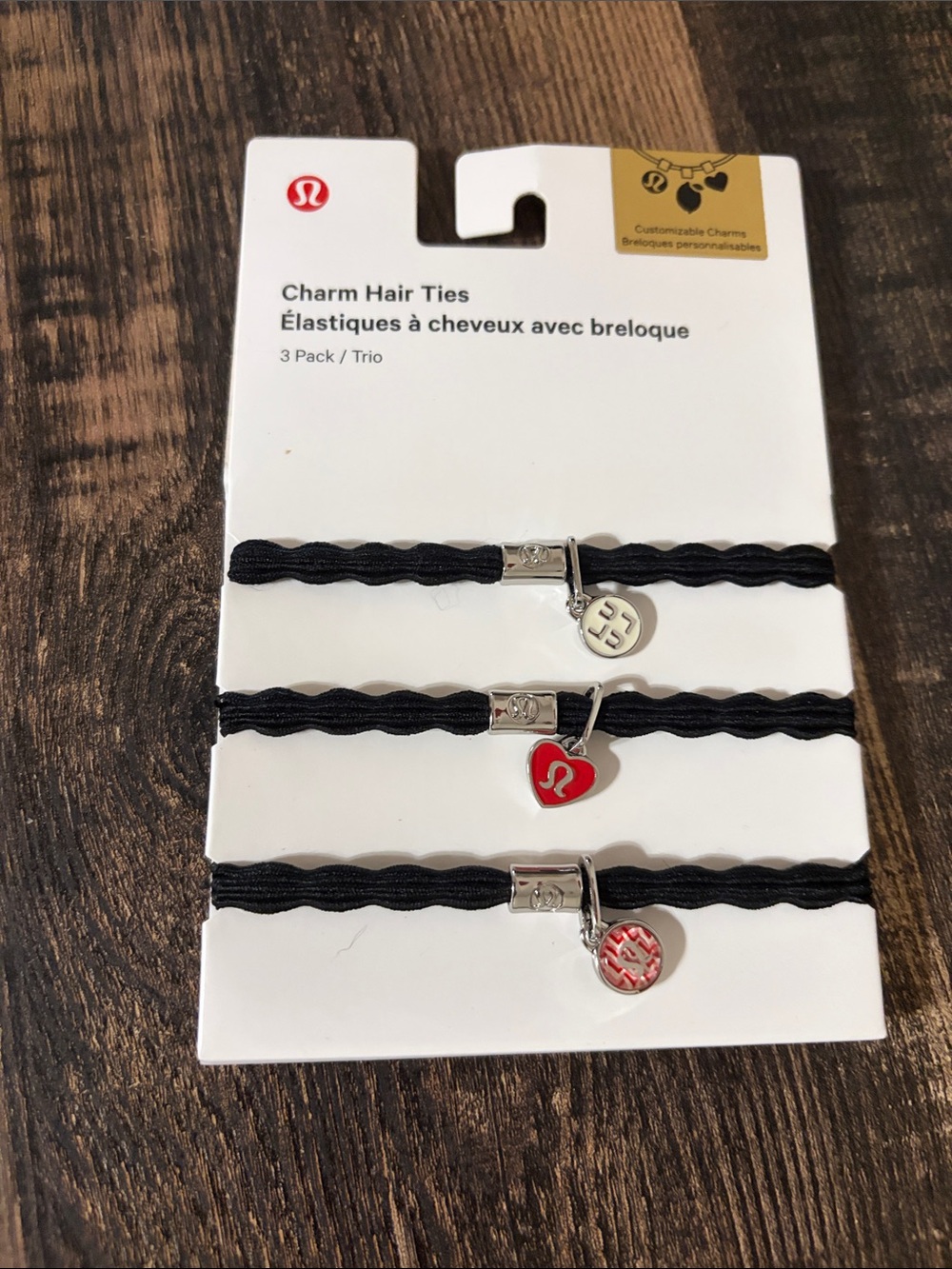 Collectible Lululemon Charm Hair Ties - Black with Red Silver Charms (3 Pack)